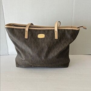 Michael Kors Signature Monogram Tote Bag Beige Leather Trim Zip Top
